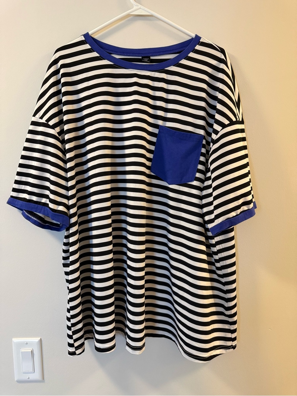 SHEIN Curve Black & White Striped Tee with Blue Trim